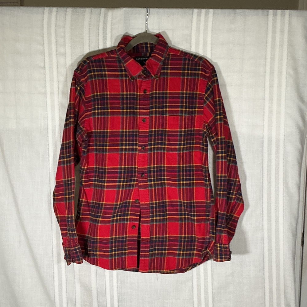 Lands End Flannel Shirt Mens Medium Red Plaid Button Down Traditional Fit